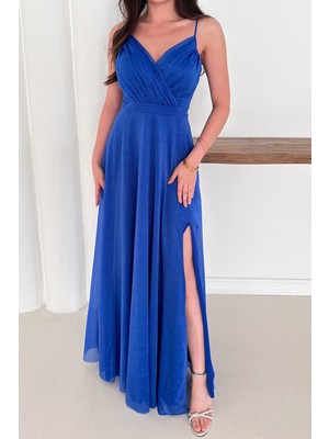 Neşeli Butik Kadın Ayarlanabilir Askılı Yırtmaçlı Tül Abiye Elbise RYS9276