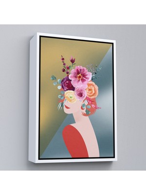 Beyaz Çerçeveli Soyut Çiçekler ve Kadın Tablosu
