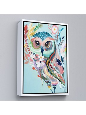 Beyaz Çerçeveli Çiçekler Içindeki Sanatsal Baykuş Tablosu