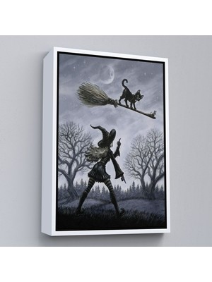Beyaz Çerçeveli Cadı Süpürgesi ile Uçan Kara Kedi Tablosu, Witches Halloween