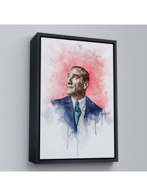 Siyah Çerçeveli Mustafa Kemal Atatürk Suluboya Görünümlü Portresi Dekoratif Kanvas Tablo