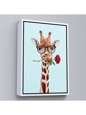 Beyaz Çerçeveli Ağzında Gül Olan Gözlüklü Zürafa Duvar Tablosu