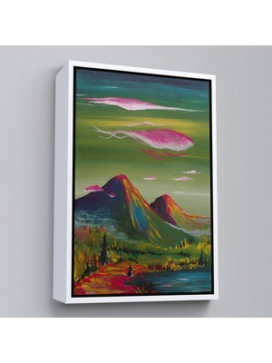 Beyaz Çerçeveli Dağ Manzarası Dekoratif Duvar Tablosu