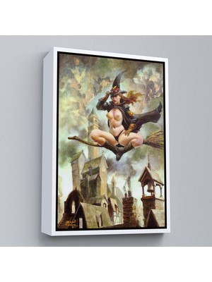 Beyaz Çerçeveli Çıplak Cadı Süpürgeye Biniyor, Cadılar Bayramı Gotik Sanatı, Kanvas Tablo