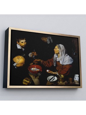 Altın Çerçeveli Diego Velázquez - Yumurta Pişiren Yaşlı Kadın Tablosu - Old Woman Frying Eggs
