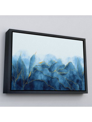 Siyah Çerçeveli Altın Damarlı Soyut Mavi Mermer Taş Dokulu Kanvas Tablo