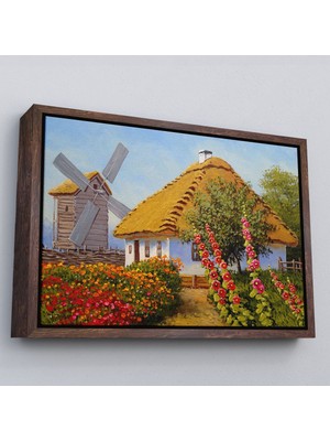 Kahverengi Çerçeveli Köy Evi Manzarası Yağlıboya Görünüm Dekoratif Kanvas Duvar Tablosu