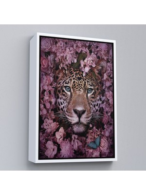 Beyaz Çerçeveli Pembe Çiçekler Arasında Vahşi Leopar Dekoratif Duvar Tablosu