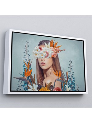 Beyaz Çerçeveli Çiçekler Içindeki Güzel Kadın Portresi Kanvas Tablo