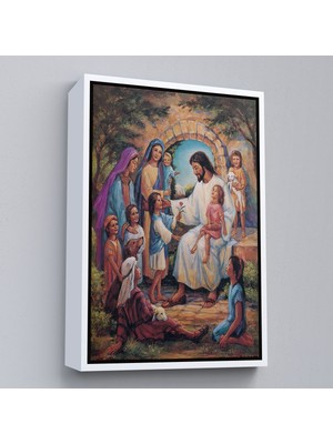 Beyaz Çerçeveli Isa Mesih ve Çocuklar Dekortif Duvar Tablosu