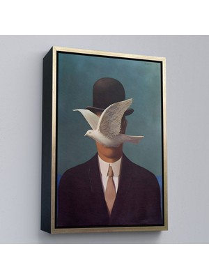 Altın Çerçeveli Rene Magritte Melon Şapkalı Adam Sürreal Duvar Tablosu