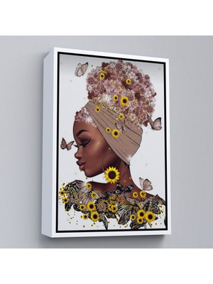 Beyaz Çerçeveli Çiçekler Içindeki Afrikalı Güzel Kadın Duvar Tablosu