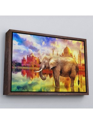 Kahverengi Çerçeveli Fil ve Taç Mahal Manzaralı Yağlıboya Görünüm Dekoratif Kanvas Duvar Tablosu