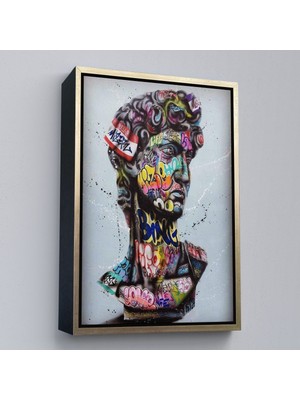 Altın Çerçeveli Banksy Antik Kafa Çizimi Renkli Poster, Michelangelo Sokak Sanatı Kanvas Tablo