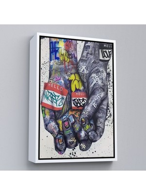 Beyaz Çerçeveli Banksy Tarzı Kanvas Duvar Sanatı, Graffiti El Duvar Posteri Kanvas Tablo