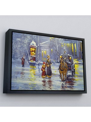 Siyah Çerçeveli Eski Şehir ve At Arabası Yağlıboya Görünüm Dekoratif Kanvas Duvar Tablosu