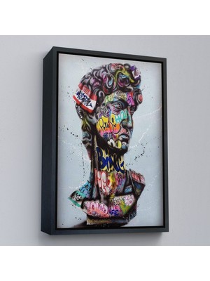 Siyah Çerçeveli Banksy Antik Kafa Çizimi Renkli Poster, Michelangelo Sokak Sanatı Kanvas Tablo