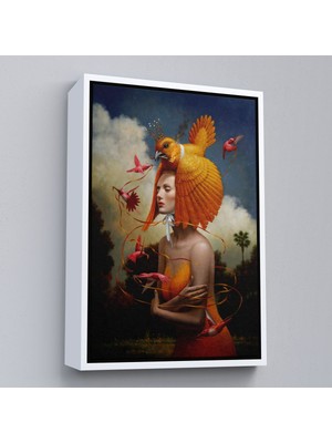 Beyaz Çerçeveli Gerçeküstü Yağlıboya Kadın Kuş Steven Kenny Kanvas Tablo
