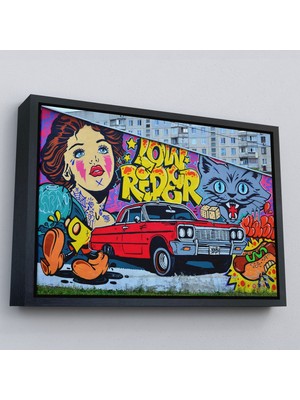 Siyah Çerçeveli Grafiti Ile Yapilmiş Retro Kırmızı Araba Kanvas Tablo