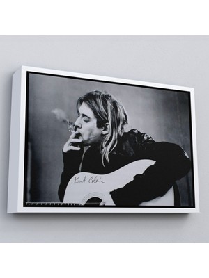 Beyaz Çerçeveli Kurt Cobain Sigara Içen Ünlü Baskı Duvar Sanatı Kanvas Tablo, Nirvana Baskı