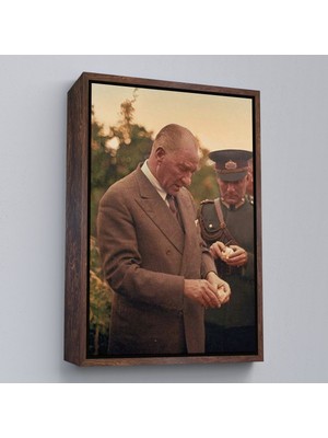 Kahverengi Çerçeveli Atatürk Portre Tablosu Mustafa Kemal Atatürk Dikdörtgen Dekoratif Kanvas Tablo