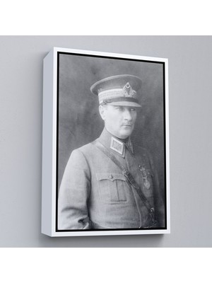 Beyaz Çerçeveli Atatürk Portre Tablosu Mustafa Kemal Atatürk Dikdörtgen Dekoratif Kanvas Tablo