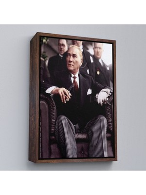 Kahverengi Çerçeveli Atatürk Portre Tablosu Mustafa Kemal Atatürk Dikdörtgen Dekoratif Kanvas Tablo