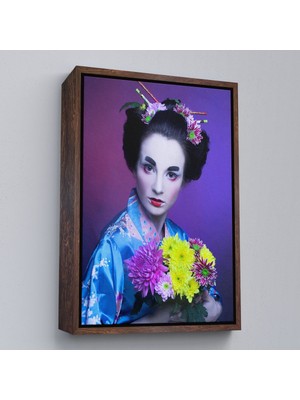 Kahverengi Çerçeveli Mavi Kimonolu Geyşa Tablo