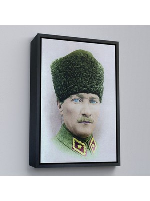 Siyah Çerçeveli Atatürk Portre Tablosu Mustafa Kemal Atatürk Dikdörtgen Dekoratif Kanvas Tablo