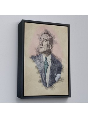 Siyah Çerçeveli Mustafa Kemal Atatürk'ün Kalem Eskizi Portre Çizimi Dekoratif Kanvas Tablo