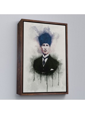 Kahverengi Çerçeveli Atatürk Portre Tablosu Mustafa Kemal Atatürk Dikdörtgen Dekoratif Kanvas Tablo