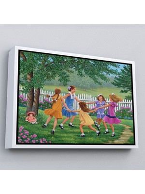 Beyaz Çerçeveli Bahçede Oynayan Kız Çocukları Tablosu