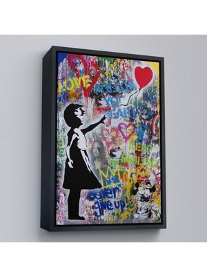 Siyah Çerçeveli Renkli Balon Kız Sanatı, Banksy Kanvas Tablo