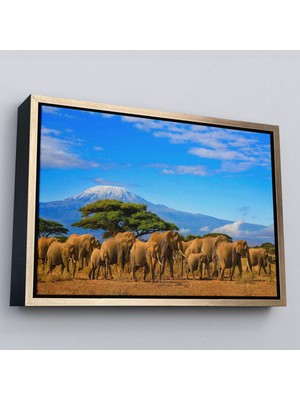 Altın Çerçeveli Fil Sürüsü Dekoratif Kanvas Tablo