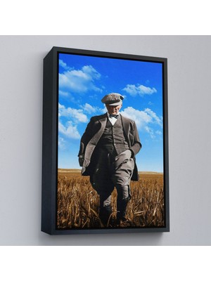 Siyah Çerçeveli Atatürk Portre Tablosu Mustafa Kemal Atatürk Dikdörtgen Dekoratif Kanvas Tablo