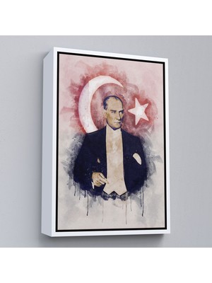 Beyaz Çerçeveli Mustafa Kemal Atatürk ve Türk Bayrağı Suluboya Görünümlü Dekoratif Kanvas Tablo