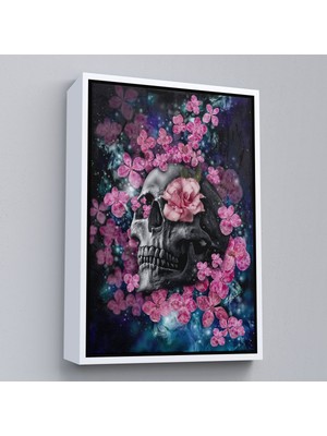 Beyaz Çerçeveli Iskelet Kafa ve Pembe Çiçekler Kanvas Tablo Duvar Sanatı