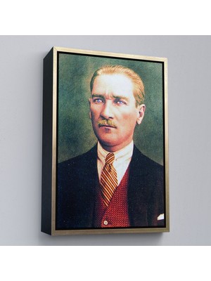 Altın Çerçeveli Atatürk Portre Tablosu Mustafa Kemal Atatürk Dikdörtgen Dekoratif Kanvas Tablo