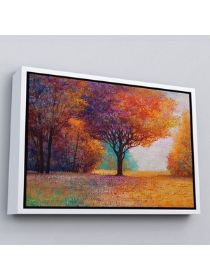 Beyaz Çerçeveli Sonbahar Manzarası Yağlıboya Görünüm Dekoratif Kanvas Duvar Tablosu