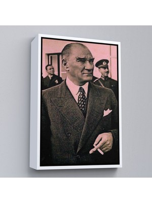 Beyaz Çerçeveli Atatürk Portre Tablosu Mustafa Kemal Atatürk Dikdörtgen Dekoratif Kanvas Tablo