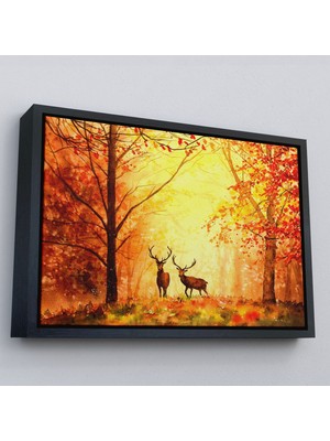 Siyah Çerçeveli Sonbahar ve Ormandaki Geyikler Yağlıboya Görünüm Dekoratif Tablo