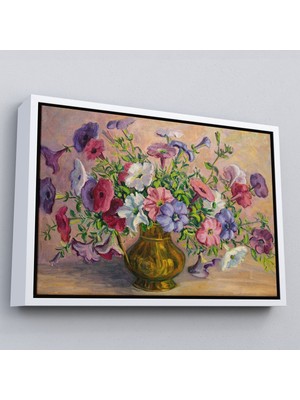 Beyaz Çerçeveli Vazoda Çiçekler Vintage Yağlıboya Görünüm Dekoratif Kanvas Duvar Tablosu