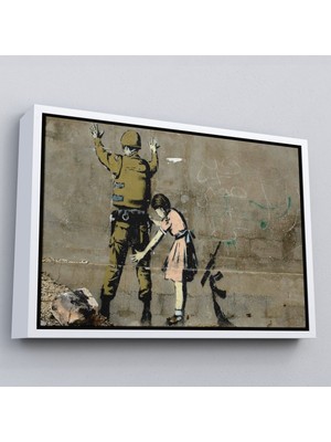Beyaz Çerçeveli Bansky'nin Askeri Arayan Küçük Kız Eseri Kanvas Tablo