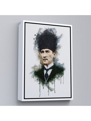 Beyaz Çerçeveli Mustafa Kemal Atatürk'ün Suluboya Görünümlü Portresi Dekoratif Kanvas Tablo