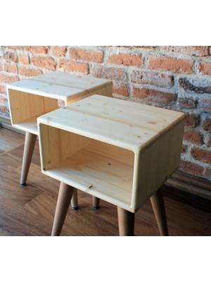 Doğal Ahşap El Yapımı Çekmecesiz 2'li Retro Komodin Set