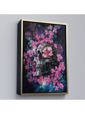 Altın Çerçeveli Iskelet Kafa ve Pembe Çiçekler Kanvas Tablo Duvar Sanatı