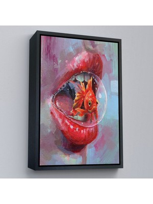 Çerçeveli Kırmızı Rujlu Dudak Balon Içerisinde Turuncu Japon Balığı Duvar TABLOSU-6293