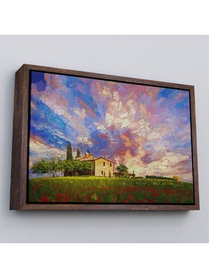 Çerçeveli Toskana Italyadaki Kırmızı Gelincik Tarlası Yağlıboya Görünüm Kanvas TABLOSU-3697