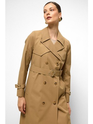 Pelerin Detaylı Su Itici Özellikli Kruvaze Uzun Trençkot Kamel 6761