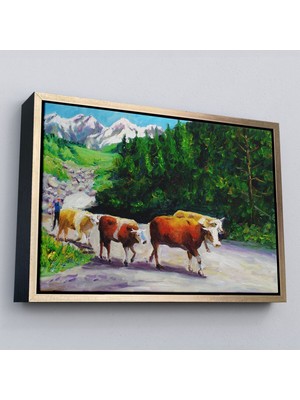 Beyaz Çerçeveli Otlayan Boğa Kanvas Duvar Tablosu